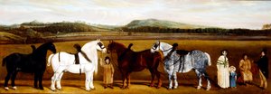 Familia de granjeros ingleses con sus caballos de tiro